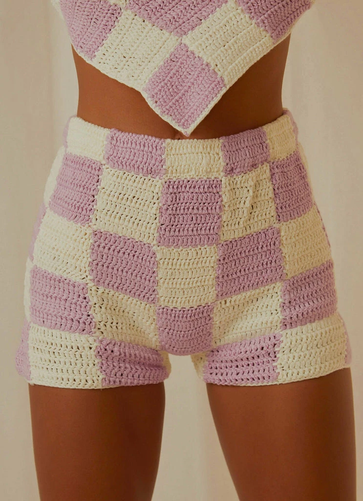 Peppermayo Exclusive - Fiesta Crochet Shorts - Lilac Check 4 Peppermayo Exclusive - Fiesta Crochet Shorts - Lilac Check - Image 2